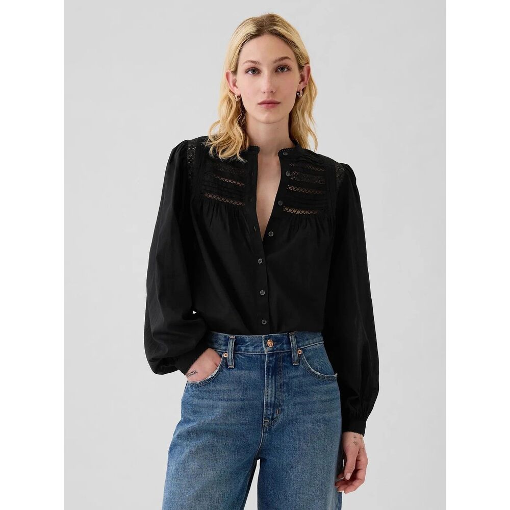 Gap NEW Black Lace Trim Long-Puff-Sleeve Button-Front Peasant Top Women Medium